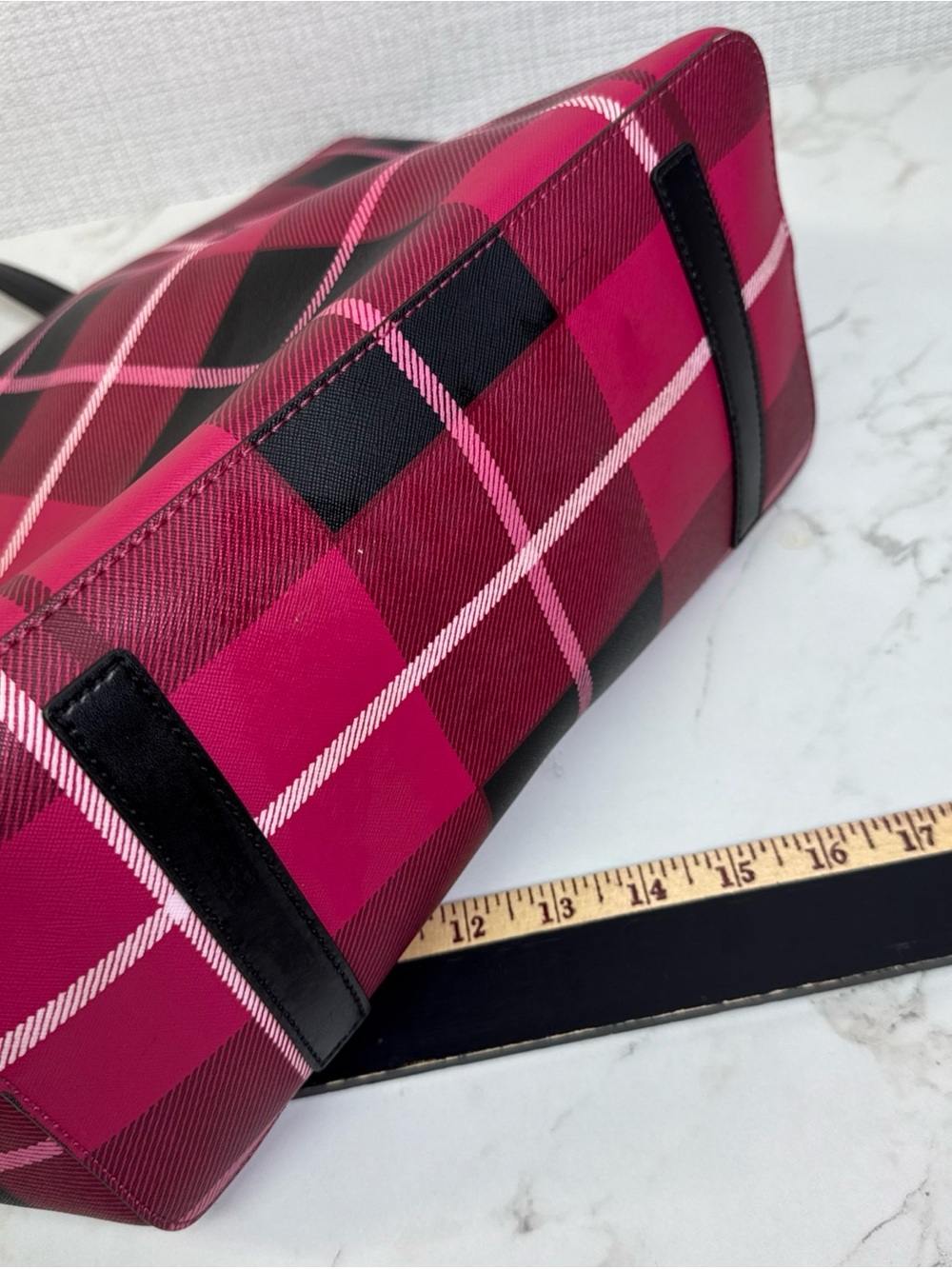 Kate Spade Zippered Tote Bag Large 13” Polyvinyl Leather Trim Pink Plaid Handbag - Picture 13 of 13